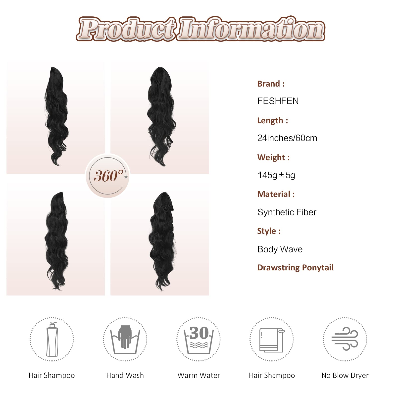 FESHFEN Pferdeschwanz Haarteil Haarverlängerung mit Kordelzug Pferdeschwanz Verlängerung Synthetik Wellig Locken Haarteil Schwarz Ponytail Extension für Frauen 60cm