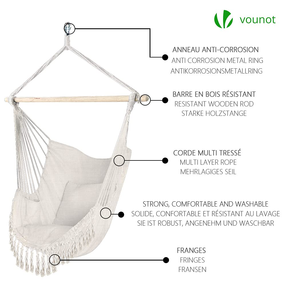 VOUNOT® Silla Colgante Exterior con Flecos, Silla Hamaca Columpio de Algodón con 2 Cojines, Barra Separadora de Madera, Hamaca Portátil para Interior y Exterior, Beige
