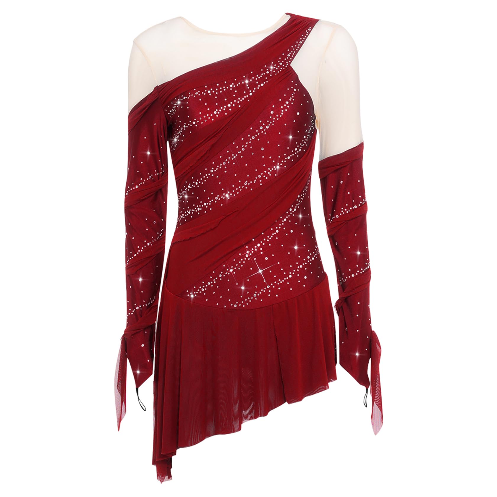 Sywiyi Damen Eiskunstlauf Kleid Langarm Rollkunstlauf Kleid Glitzer Tanzkleid Trikot mit Mesh Rock Kürkleid Wettkampf Bühnen Auftritt Outfit