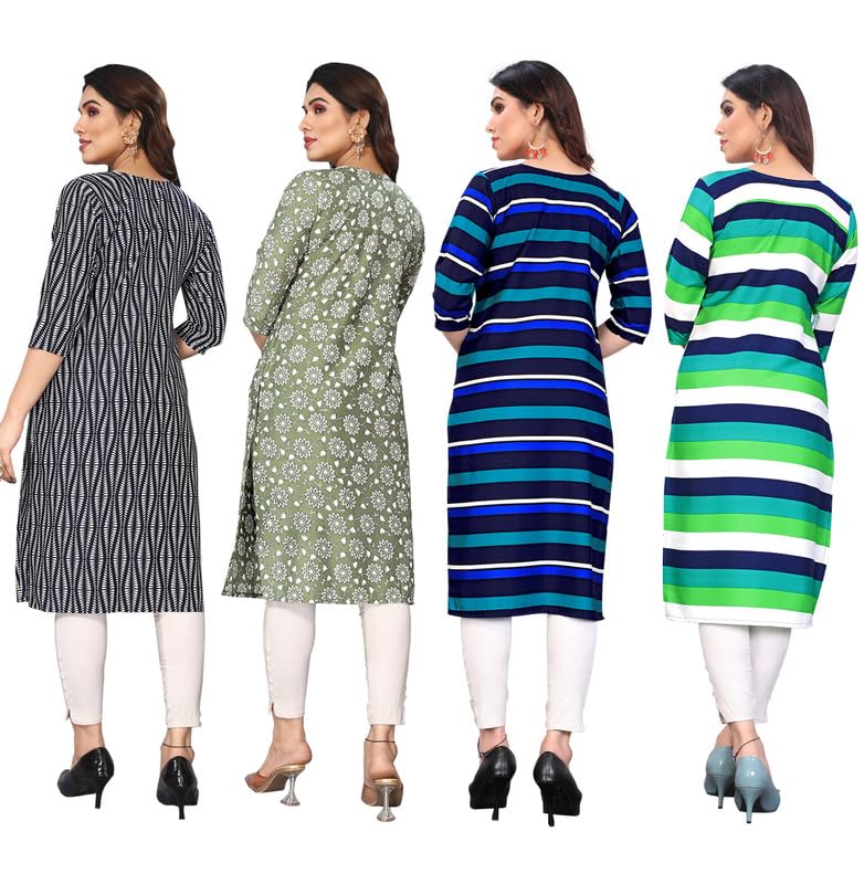 Image of JAKHANA Women's Crepe Printed Casual Straight Calf Length Round Nick Kurta Pack of 4