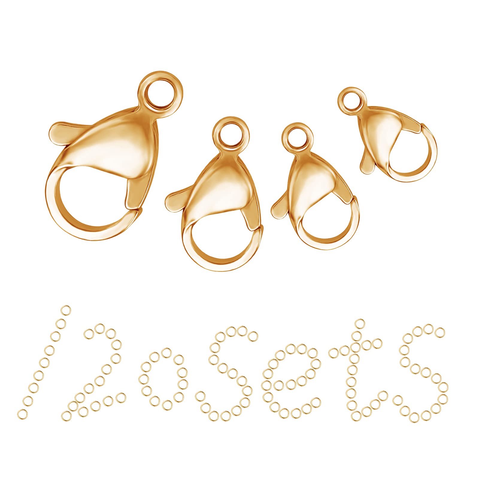 SUNNYCLUE 1 Box 120Pcs 18K Gold Plated Lobster Clasp and Jump Rings Stainless Steel Lobster Claw Clasp 9mm 10mm 12mm 15mm Hypoallergenic Jewelry Findings for DIY Necklaces Bracelet Keychain Making