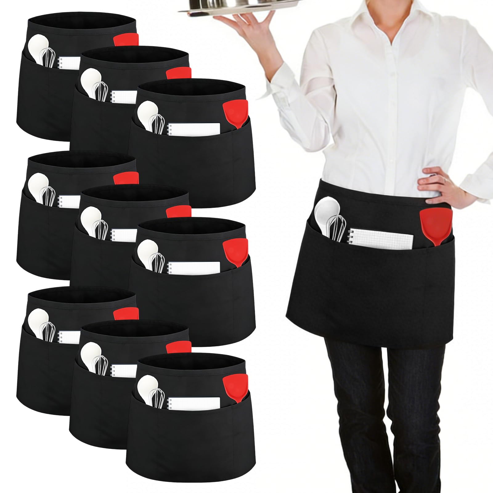 APACALI 10 Pack Waitress Apron with 3 Pockets, 60 x 31.5cm Half Apron with 90cm Ties, Black Aprons Catering for Cafe Service, Baking, Gardening