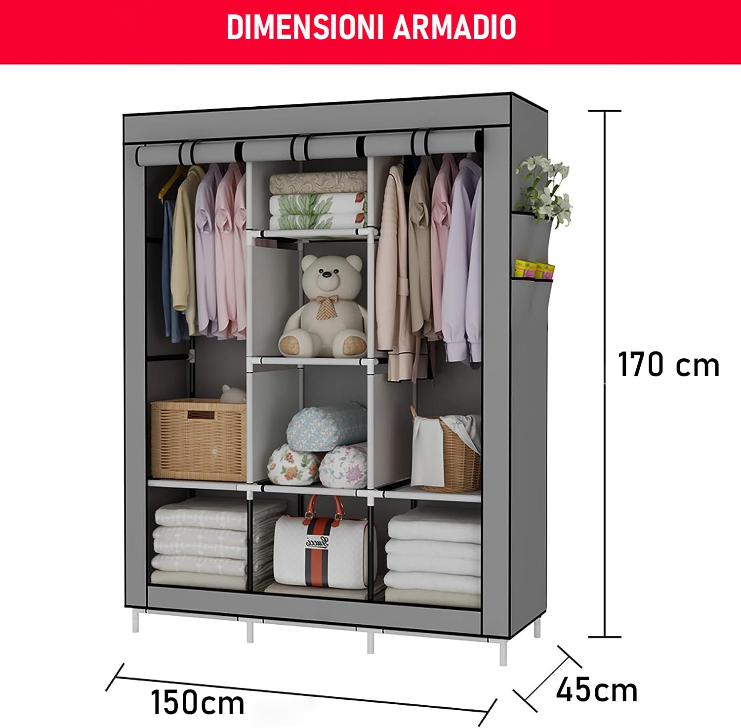 Armadio Pieghevole In Tessuto - 180x170x45 Cm, Con 4 Appendiabiti E 2 Tasche, Nero