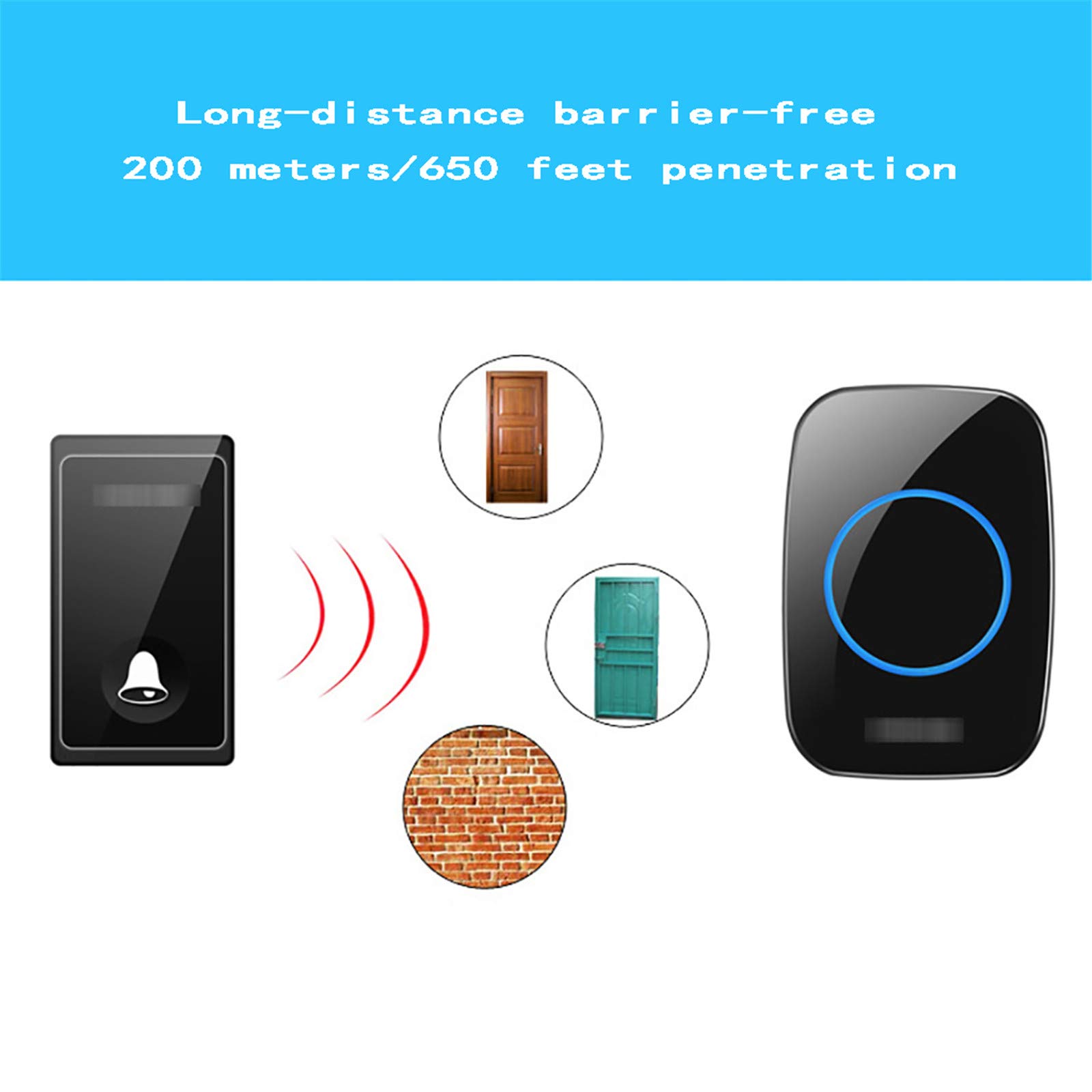 Campanello Wireless autogenerante, Kit Campanello Senza Fili Impermeabile, 3 ricevitori, 2 Pulsanti, 58 suonerie, 4 Livelli di Volume, Portata 650 Piedi, Nero