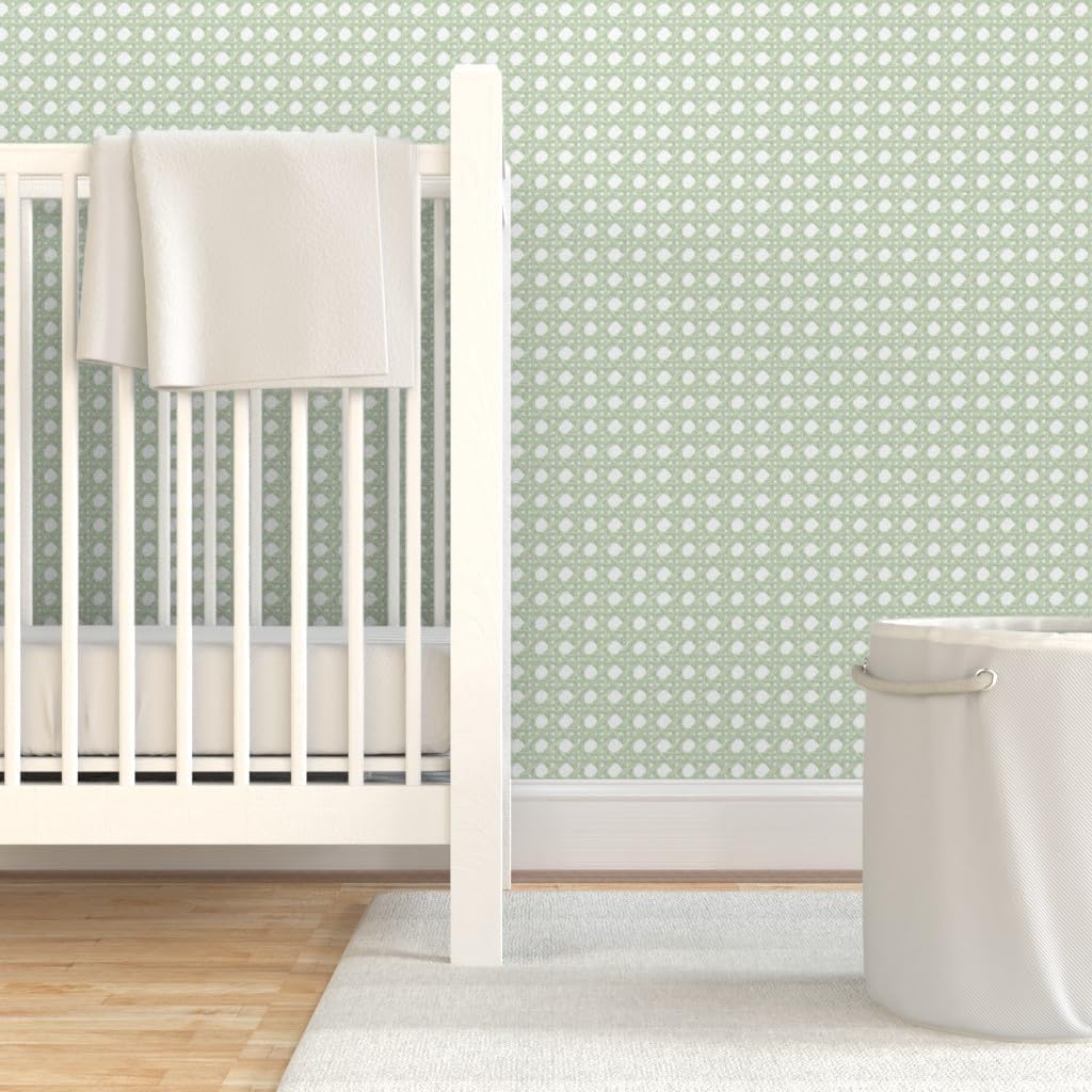 Spoonflower Removable Wallpaper Swatch - Light Green Cane Weave Rattan Weaving Design Boho Chic Costal Beach House Woven Wicker Custom Pre-Pasted Wallpaper