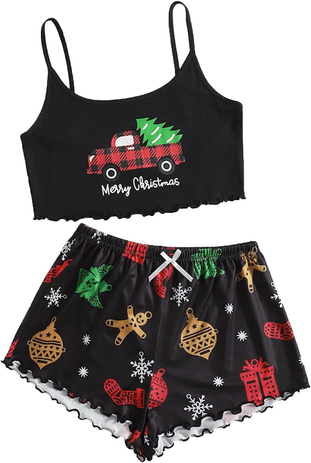Cute Christmas Pajama Sets 2 Piece Women Satin Silk Crop Tops with Mini Shorts Pjs Set Round Neck Camisole Pj