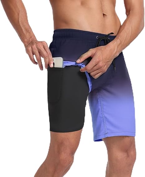 Arcweg Zwembroek voor heren, met compressievoering, 2-in-1, sneldrogende zwemshort met boxershort, gevoerde surfbroek, rekbare strandshorts met ritszakken, S-XXL, Blauw, XXL