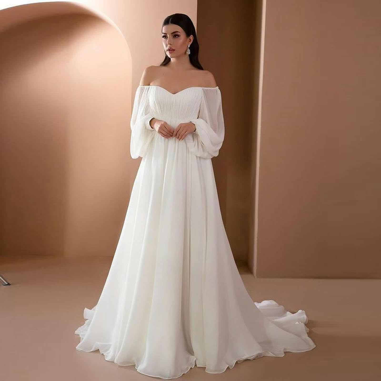 Brautjungfernkleid Elegante Weiße Hochzeitsfeier Langarm Kleid Brautjungfern Maxikleid-weiß-XL