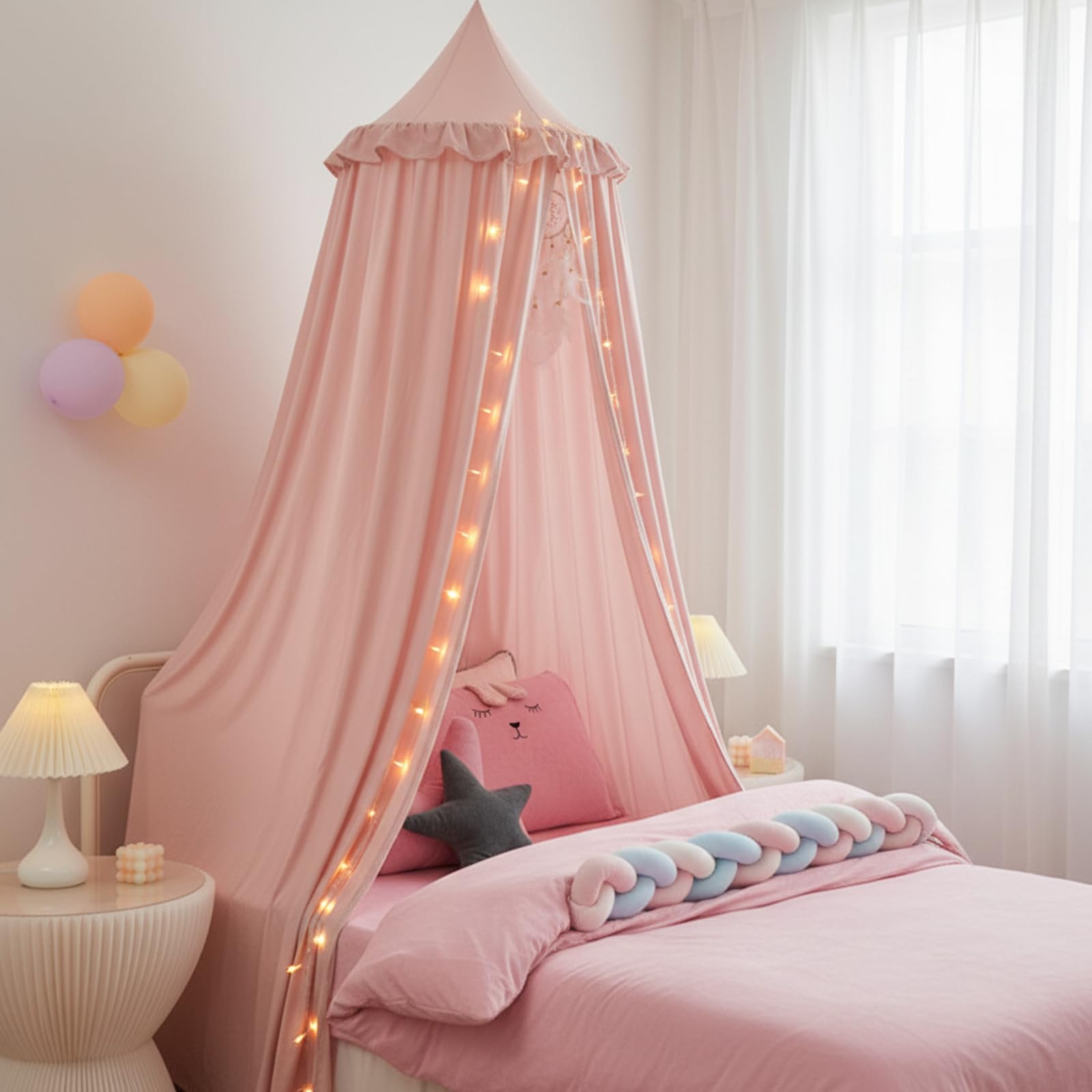 Baldacchino per Letto per Ragazze, Baldacchino per Bambini con Bordo Arricciato, Tenda da Letto per Cameretta e Area Giochi per Bambini