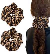 Set of 2 Leopard Print Hair Scrunchies Silk Hair Scrunchies Set Hair Elastics Satin Cloth for Women Girls