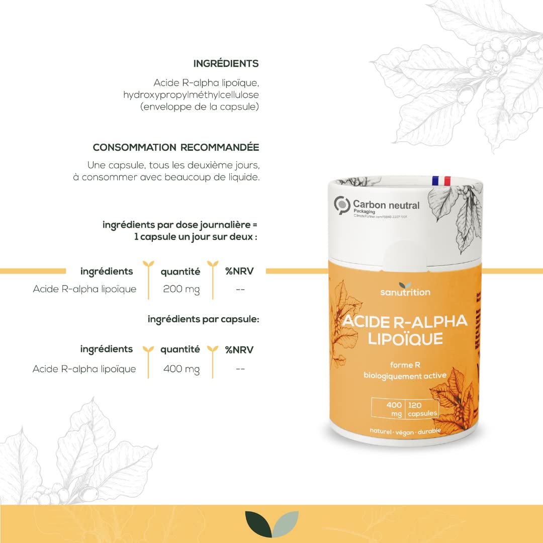Acide R-alpha-lipoïque 400 mg par gélule | 120 gélules | Hautement dosé | en biodisponibilité particulièrement élevée | Végétalien | Emballage papier 100% écologique