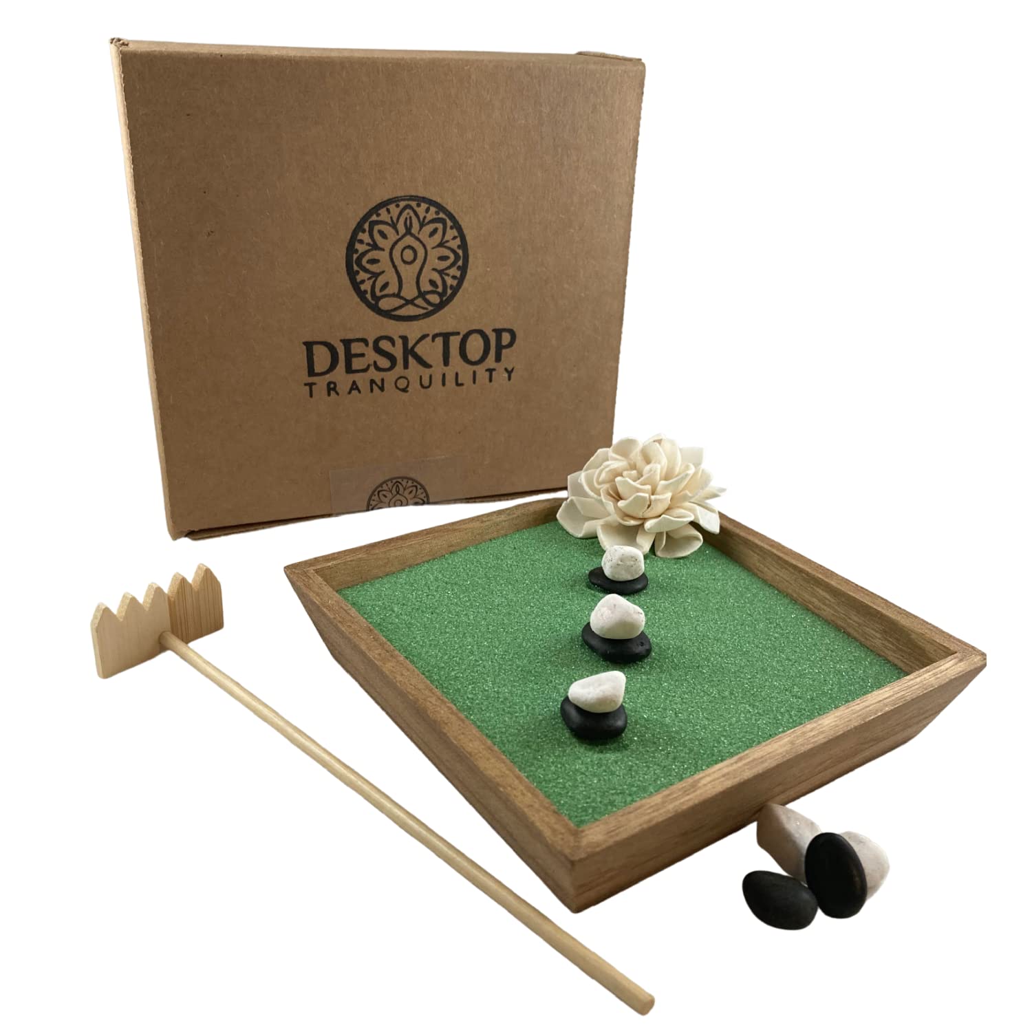 Desktop TranquilityMini Japanese Zen Garden Kit for Home or Office Desk | Office Decor Zen Garden Kit Improves Meditation | Includes Sand Tray, Bamboo Rake, Rocks, and Wooden Flower | 5.5" x 5.5"
