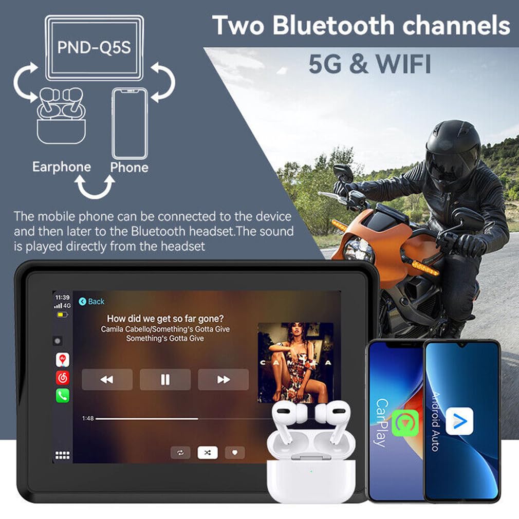 XRC TECH - Pantalla táctil IPS HD de 5 pulgadas portátil para motocicleta, navegador GPS, inalámbrico, CarPlay/Android Auto IPX7, impermeable, función Bluetooth dual 5G, WiFi, control de voz antirrobo