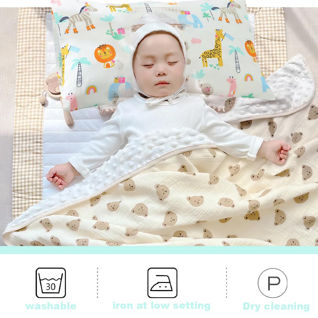 IKOPFLN Taie d Oreiller, Taie d'oreiller Bébé, Taie d'oreiller Bébé 30x50 Tête Animal 100% Pur Coton Fermeture à Rabat Lavable en Machine pour Oreiller de Berceau D’Enfant, 2 pièce