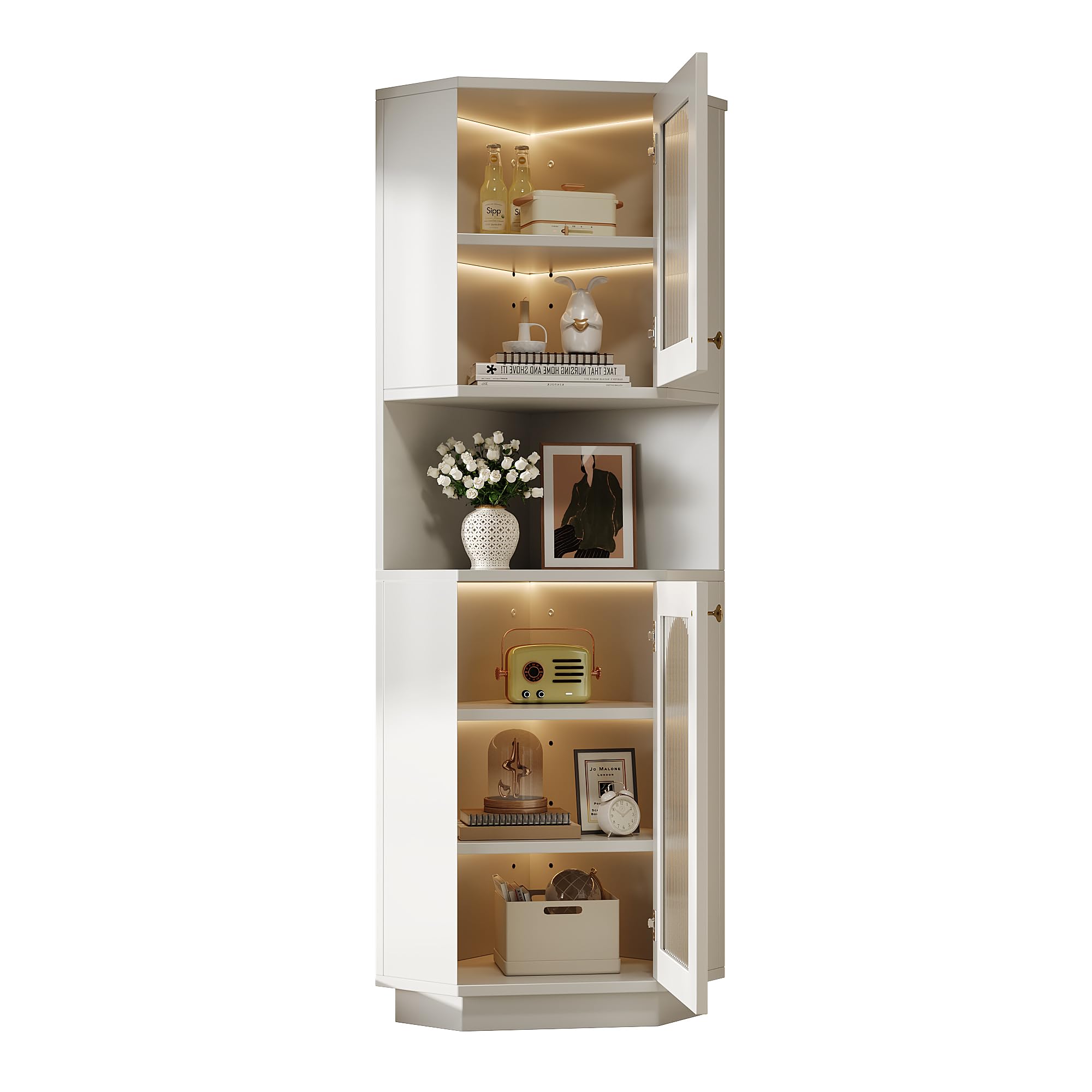 Armario esquinero con barra de luz, mueble de baño, 2 estantes, compartimento abierto, estantes ajustables, 45 x 45 x 166,5 cm, color blanco