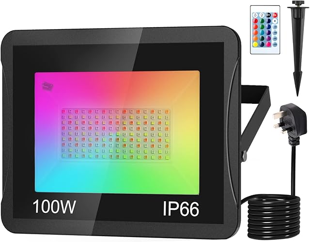 NATPOW 100W RGB Colour Changing Flood Lights, LED Floodlight Outdoor Security Light with Remote Control IP66 Waterproof Dimmable Flood Lights Wall Light for Garden Party Stage(1 Pack)