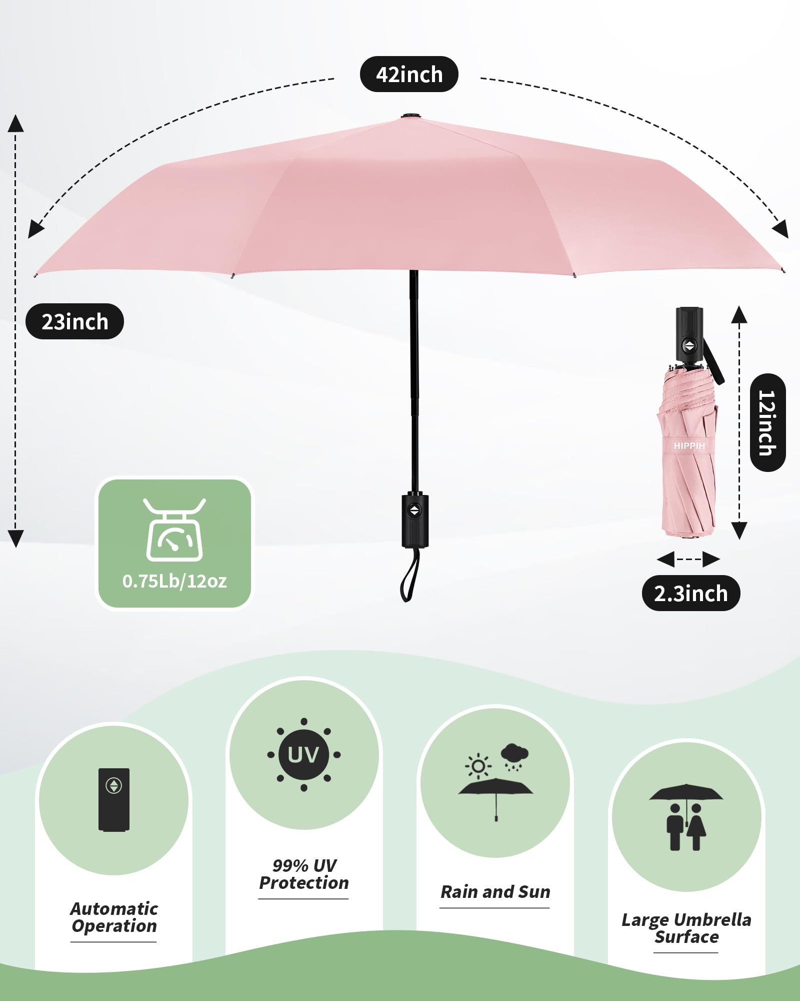 HIPPIH Compact Travel Umbrella for Rain - Windproof Automatic Umbrellas, UV Umbrella for Sun Protection with Black Anti-UV Coating, Portable Small Umbrellas for Backpack, Car, Walking, Kids, Women - 2