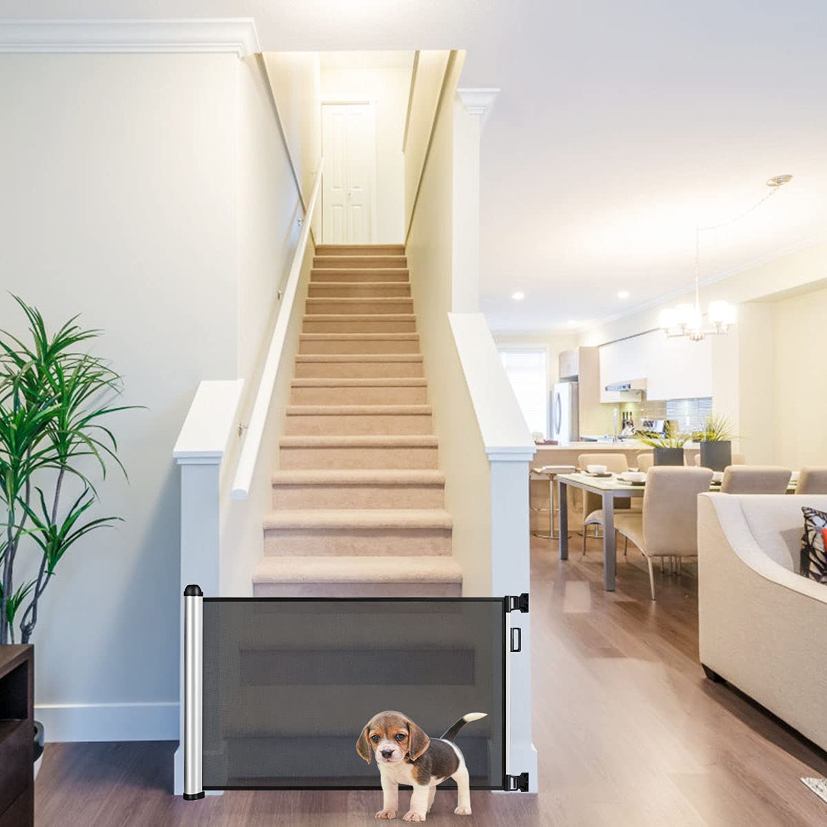RELAX4LIFE Barrera de Seguridad Extensible hasta 130CM, Valla de Seguridad de Aluminio y Textileno para Perros, Bebés y Gatos, Barrera de Seguridad para Puertas y Escaleras, 130x80cm, Gris