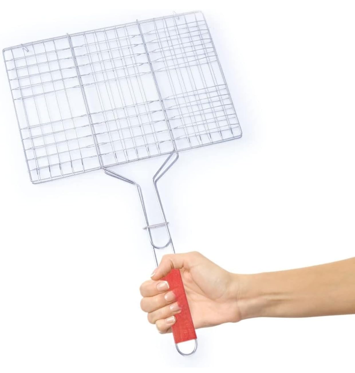 Portable Barbecue BBQ Grill Net Basket Roast Grilling Tray Plated with Wooden Handle ss utensils (45.5 x 24 x 2 cm) (Pack of 1pc)-image-5