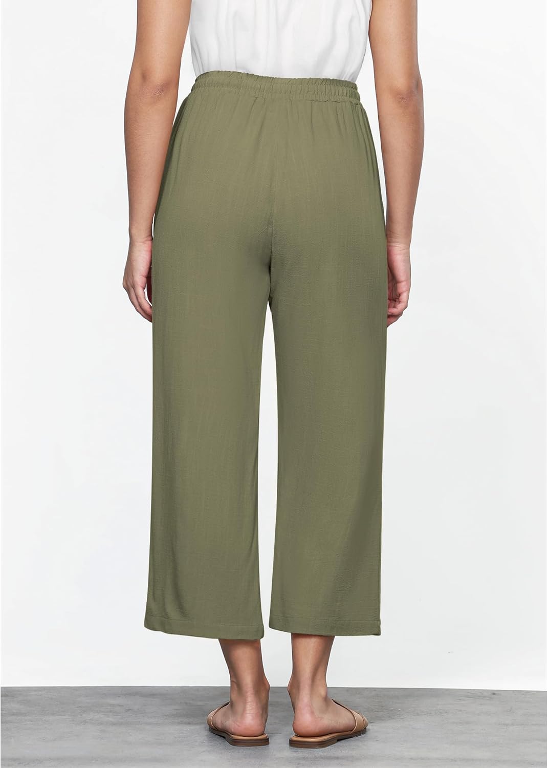 GRAPENT Linen Pants for Women High Waisted Wide Leg Capri Elastic Waist Casual Beach Flowy Cropped Summer Capris Pants - Image 3
