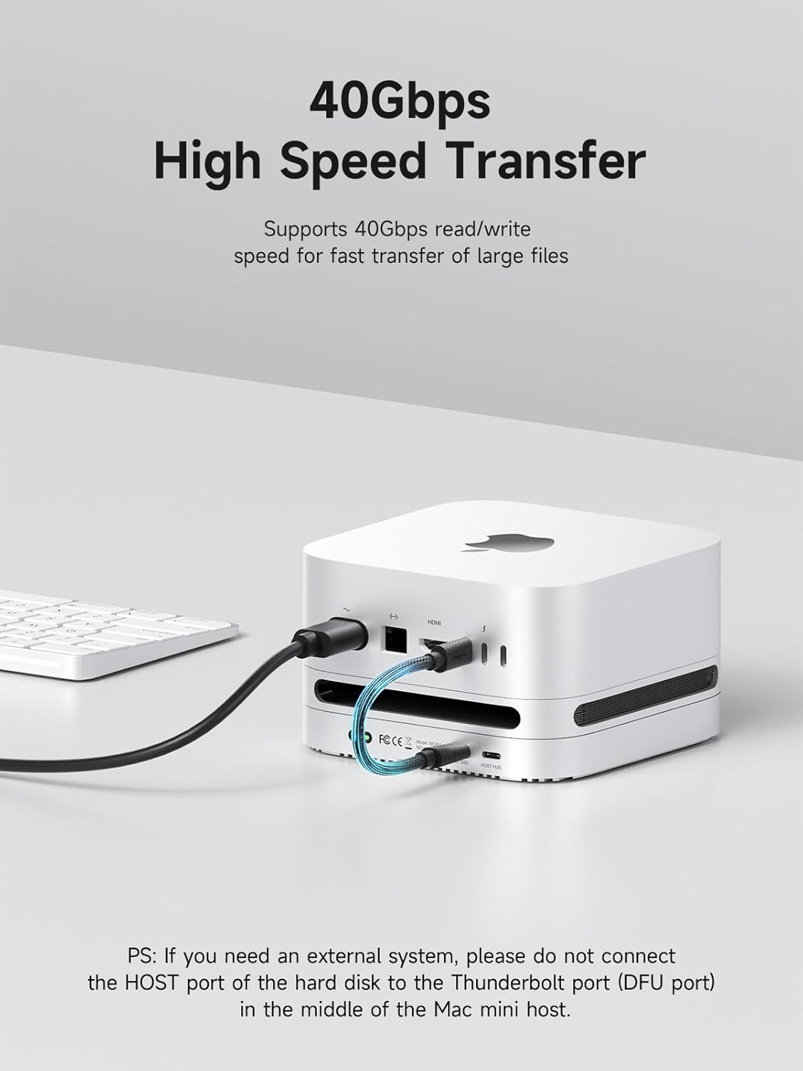 Mac mini connected to the Hagibis hub via two USB-C cables, illustrating 40Gbps high-speed data transfer capabilities.