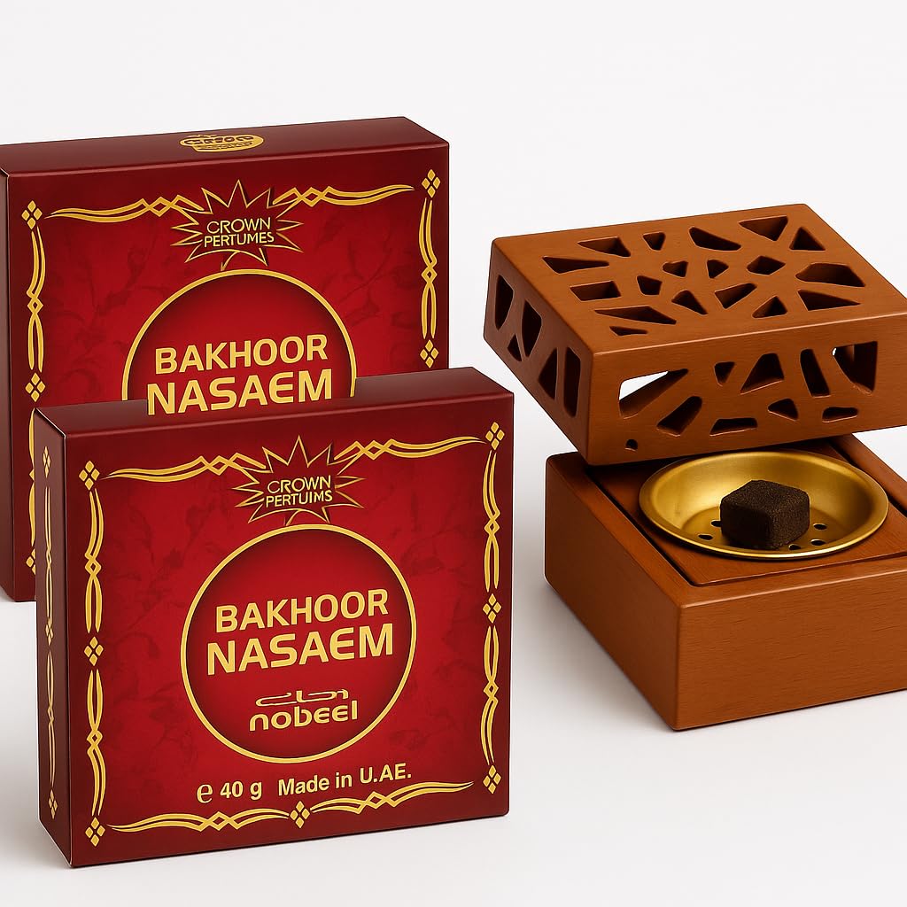Jrose Collections 2 Packs With A Classic Bakhoor Burner Nabeel Nasaem Oudh Bakhoor Incense 2 X 40G With Traditional Resin Bakhoor Burner – Rich Arabic Home Fragrance Set Made In Uae