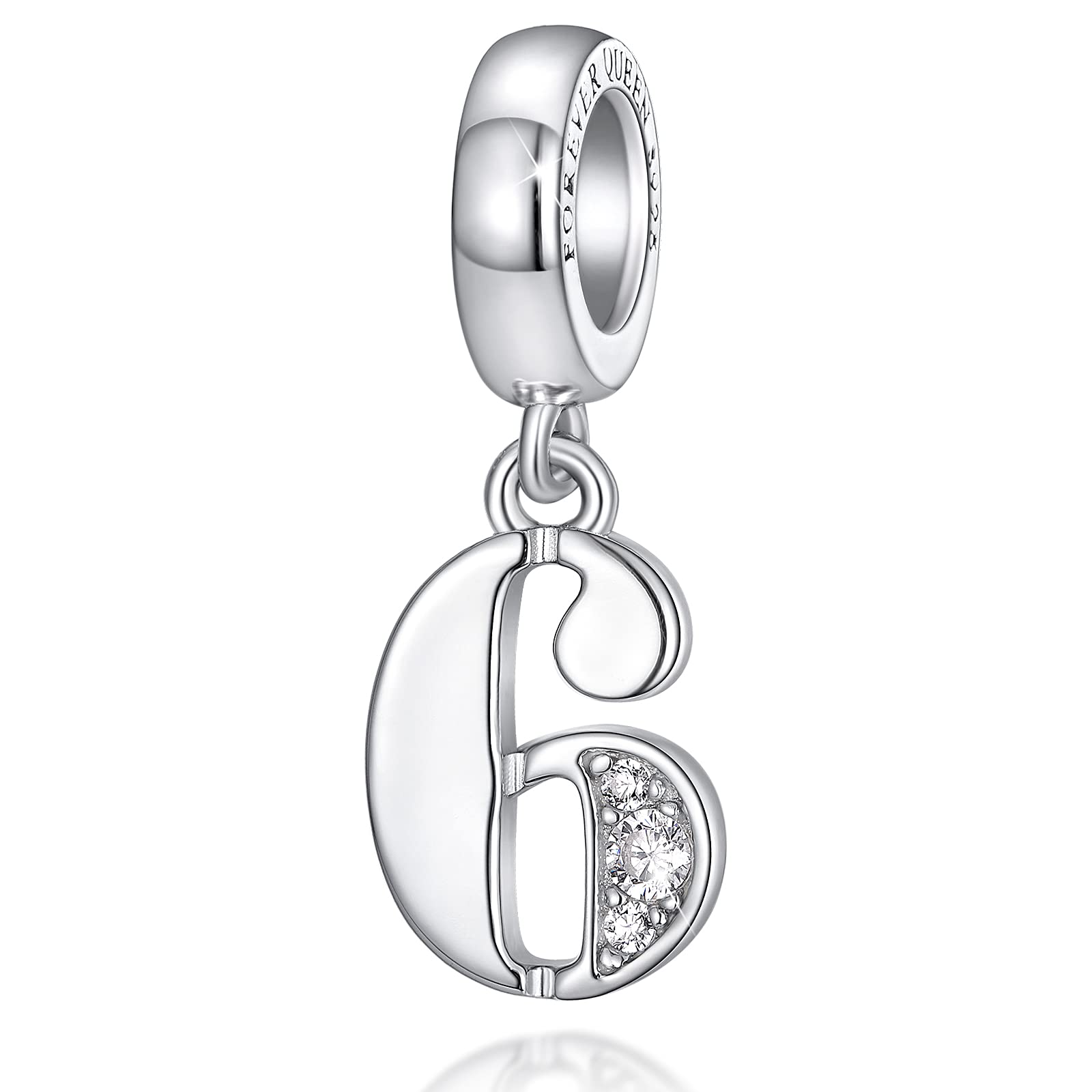 FOREVER QUEEN Lucky Number 0-9 Charm S925 Sterling Silver Pendant Dangle Bead with Cubic Zirconia fit Charms Bracelet Necklace Meaningful Anniversary Jewelry Gift for Girlfriend Wife Mother Daughter