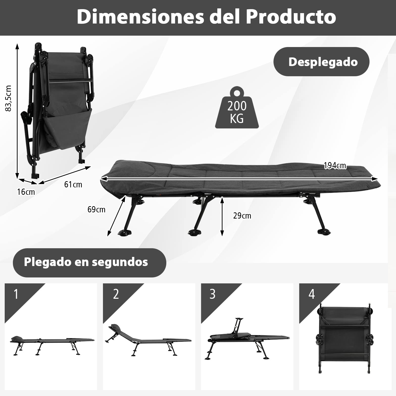COSTWAY Cama Plegable Camping con Colchón Desmontable, Cama Camping Respaldo Ajustable en 6 Posiciones, Catre Plegable Camping portátil y Ligera con Bolsa, Carga 200kg, 194 x 69 x 29 cm (Gris)