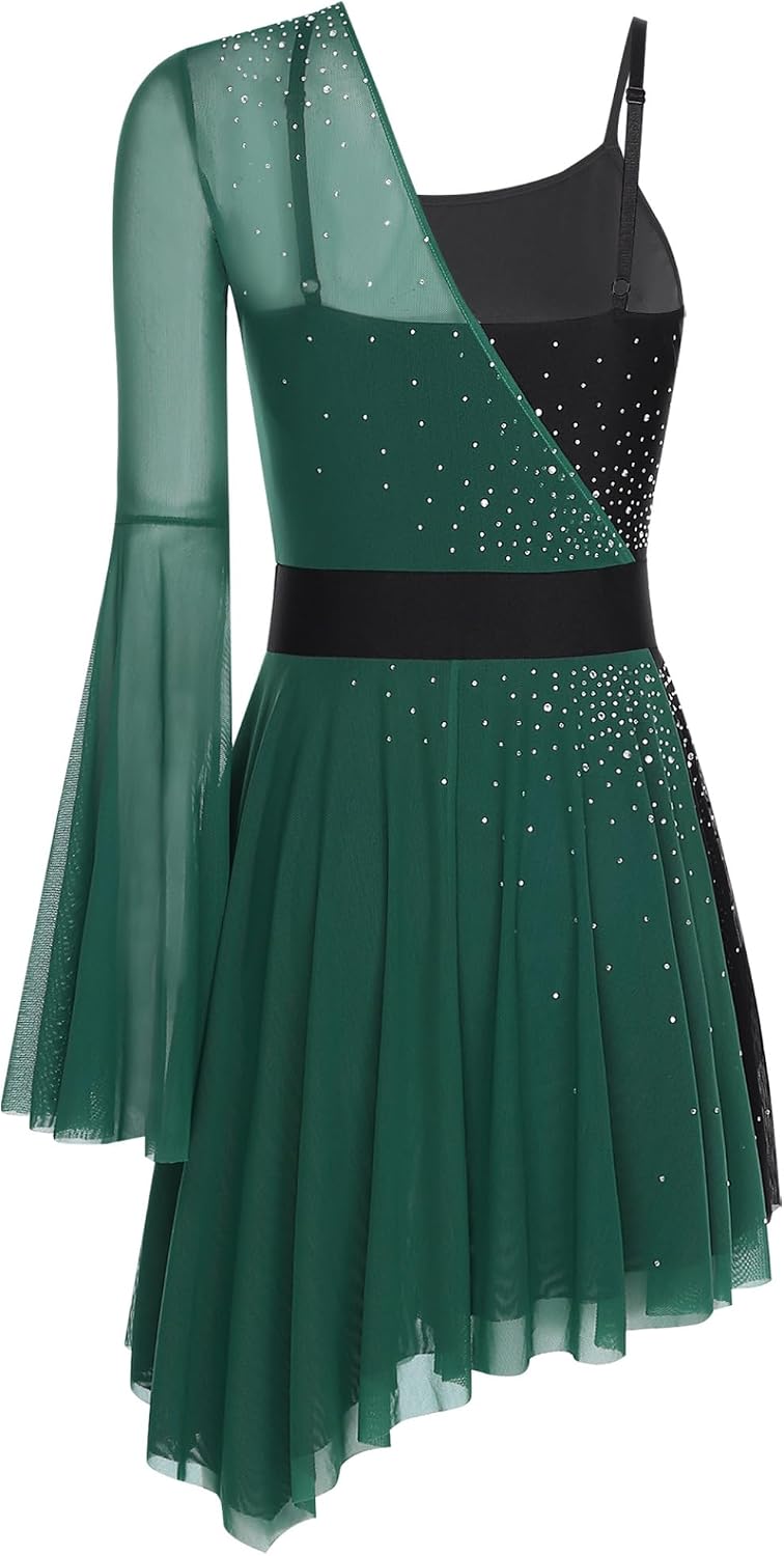 Vxuxlje Womens Ice Figure Skating Costume Rhinestone Color Block Irregular Hem Dress Dancewear