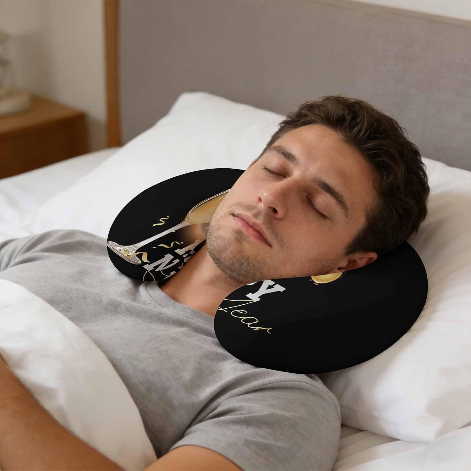 Neck Pillow Winter Champagne Ribbons on Black Travel Pillow Memory Foam U Shaped Pillows, Happy New Year Text Travel Neck Pillows for Airplane Car Office Home Sleeping Rest