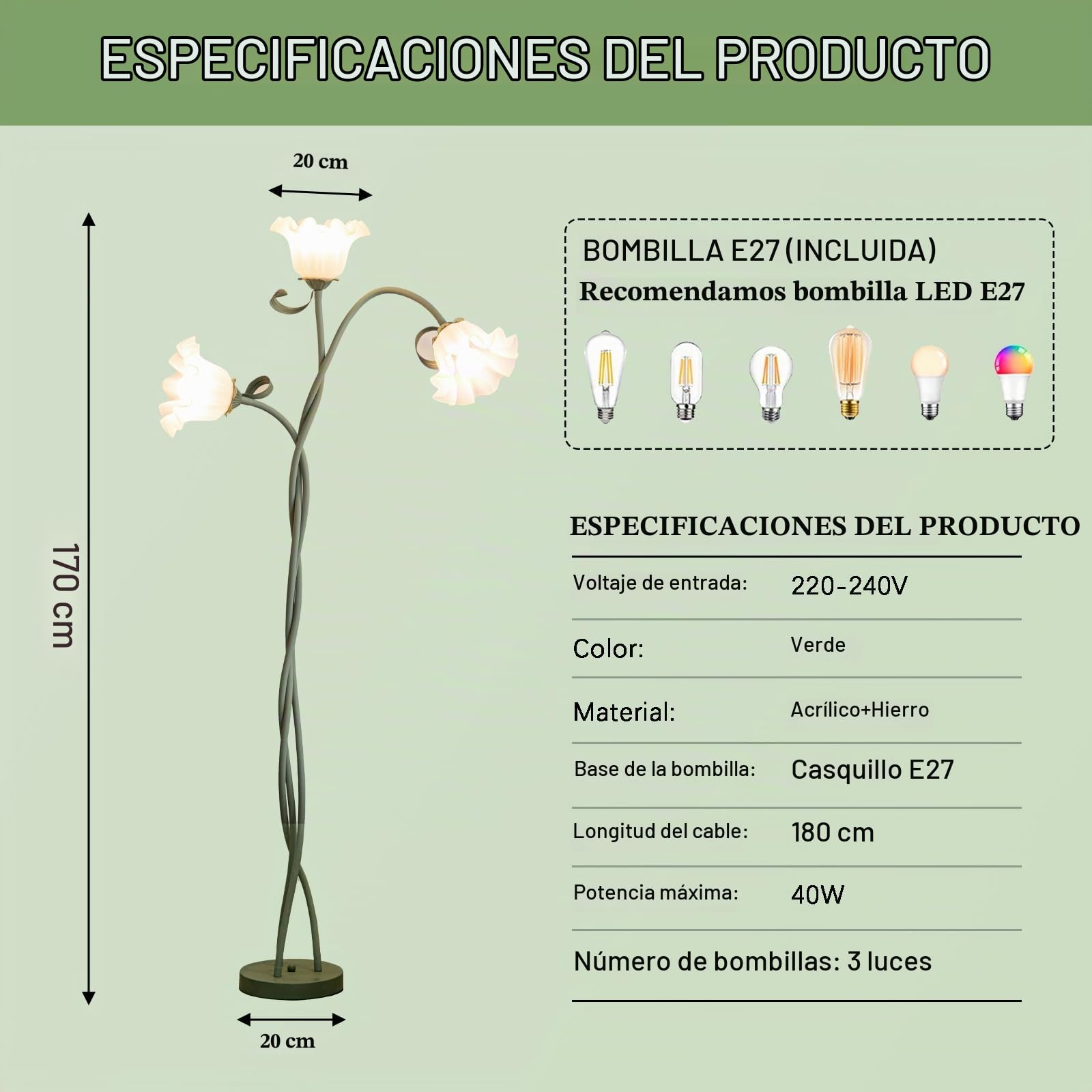 Lampara De Pie Verde,Lampara De Pie Salon De Hierro Ajustable Libremente A 360° E27,LáMpara De Pie De Estilo Europeo De 170 Cm Adecuada Para Sala De Estar,Oficina,Dormitorio,Incluidas 3 Bombillas
