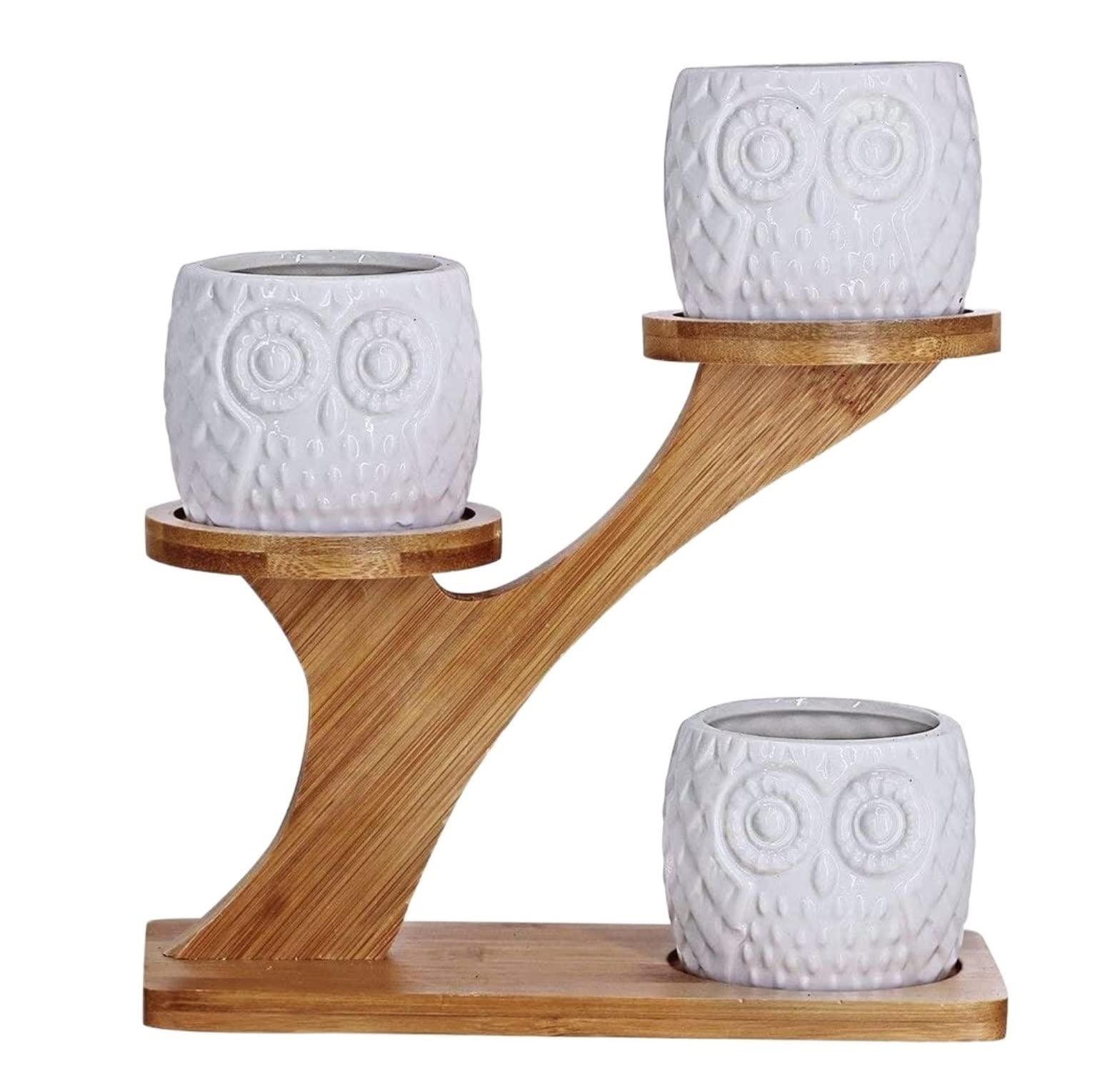 Stojak Rośliny Stojak Na Sukulenty Zestaw Doniczek Ceramicznych Wzór Sowy Bambusowe Drzewo Kreatywny Rośliny Z Odpływem Pojemniki Wewnątrz