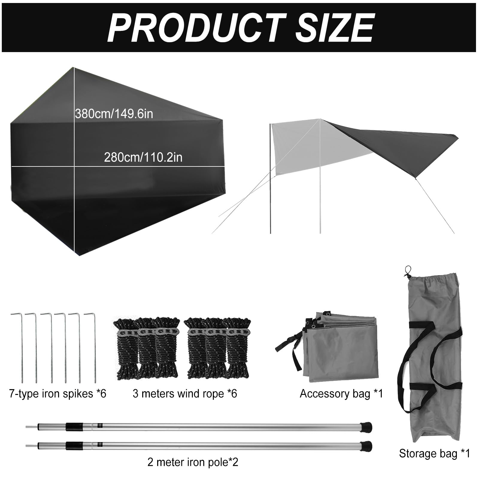 Toldo Coche, 280 x 380 cm Toldo para Portón Trasero y Lateral Impermeable, para Furgonetas y Autocaravanas (Negro)