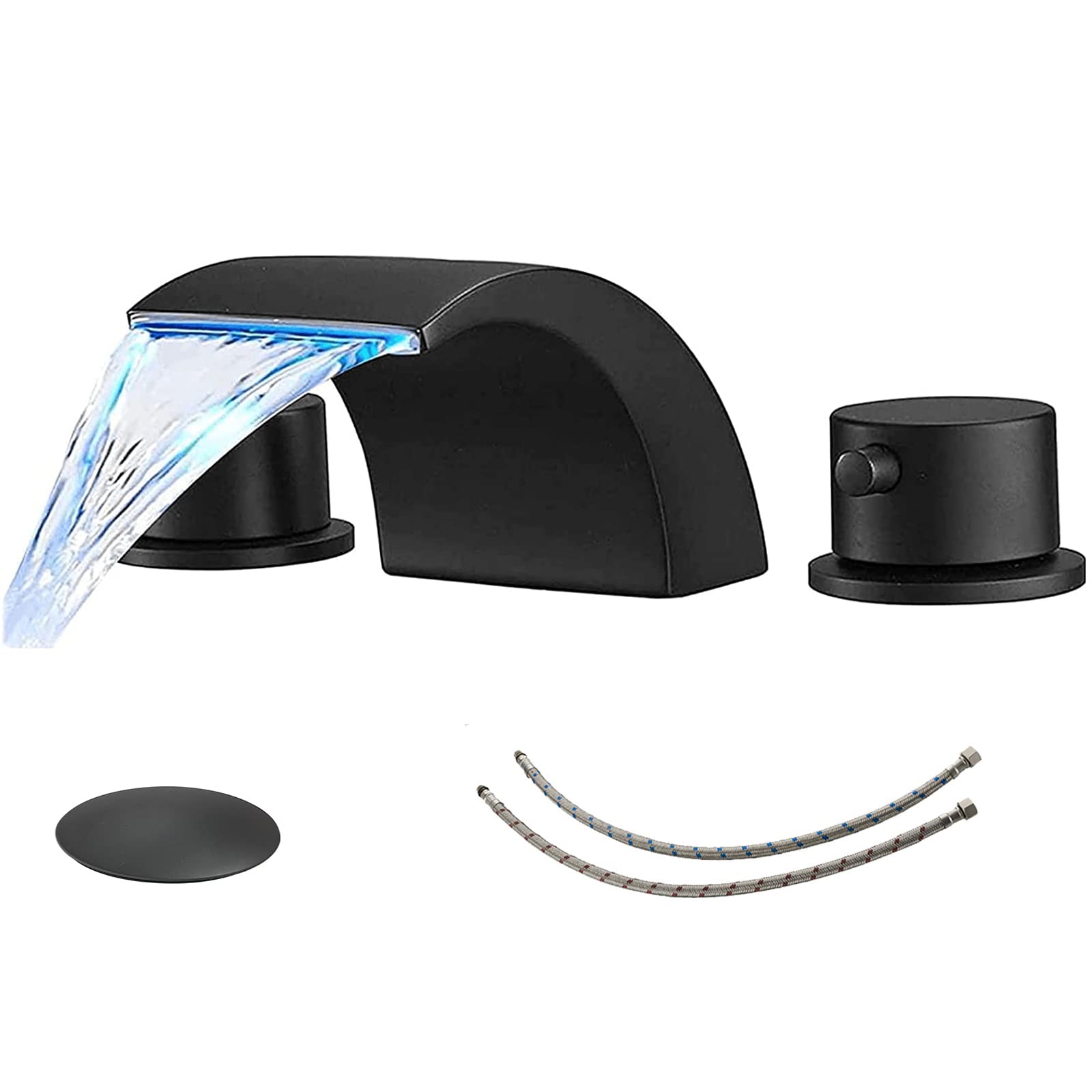 Homevacious Widespread Bathroom Sink Faucet Led Light Matte Black Waterfall Bath Tub Garden 8-16 inch 2 Handles 3 Holes Assembly Faucets Modern Commercial Basin Mixer Tap