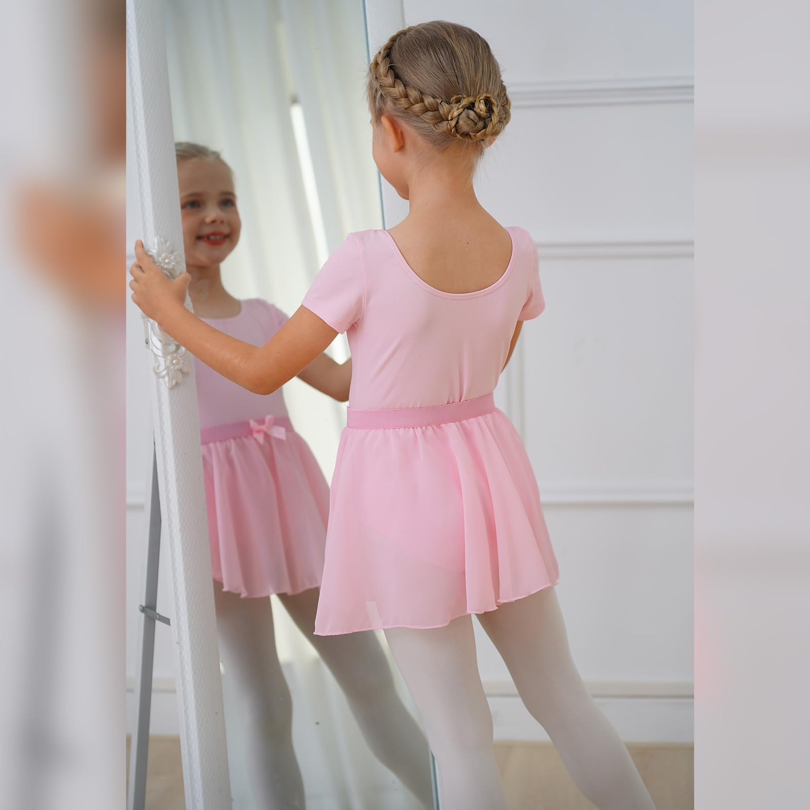 Ballet Leotards for Girls Chiffon Dance Skirt Ballerina Costume Kid Short Sleeve Gymnastics Leotards Ballet Dress Beginner Dance Outfits Camisole Leotard Ballet Tulle Skirt Pink (2PCS) 5-6 Years