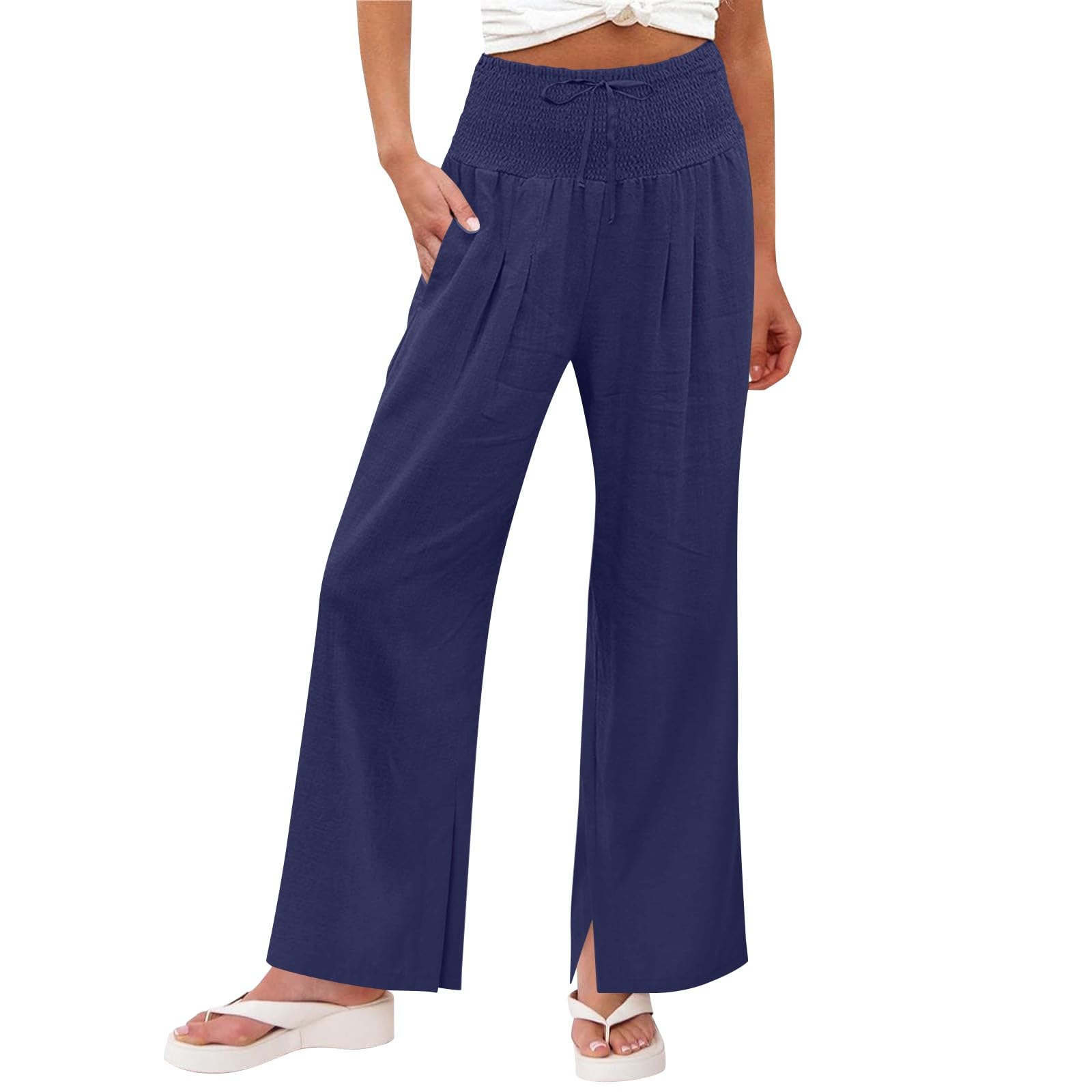 Linen Pants Women 2026 Summer Wide Leg Palazzo Pants High Waist Travel Flowy Trousers with Pockets Vacation Clothes — view 13