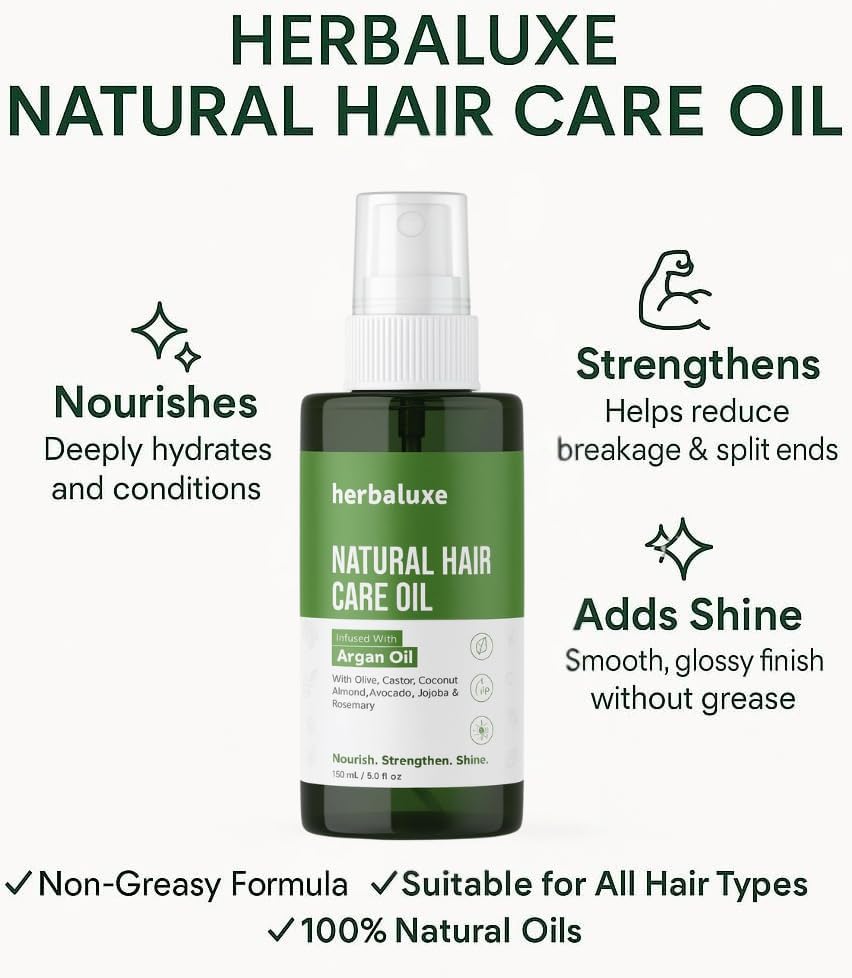 Herbaluxe Natural Hair Growth Oil 100ml, Argan & Castor Oil Blend for Stronger Thicker Hair, Nourishes Scalp - Image 2