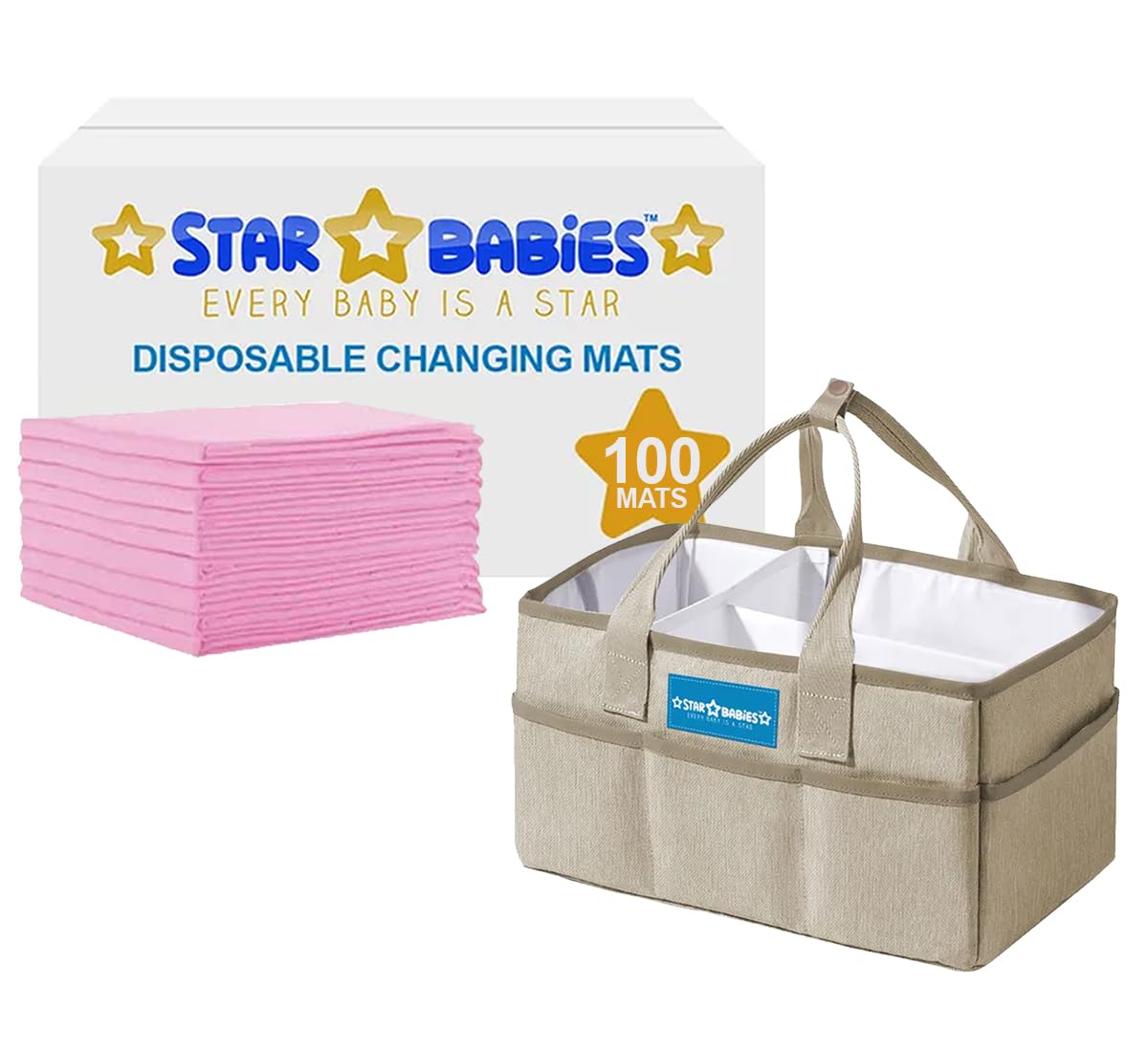 Star Babies Diaper Caddy Organizer Big with Disposable Changing mat Pack of 100 - Grey