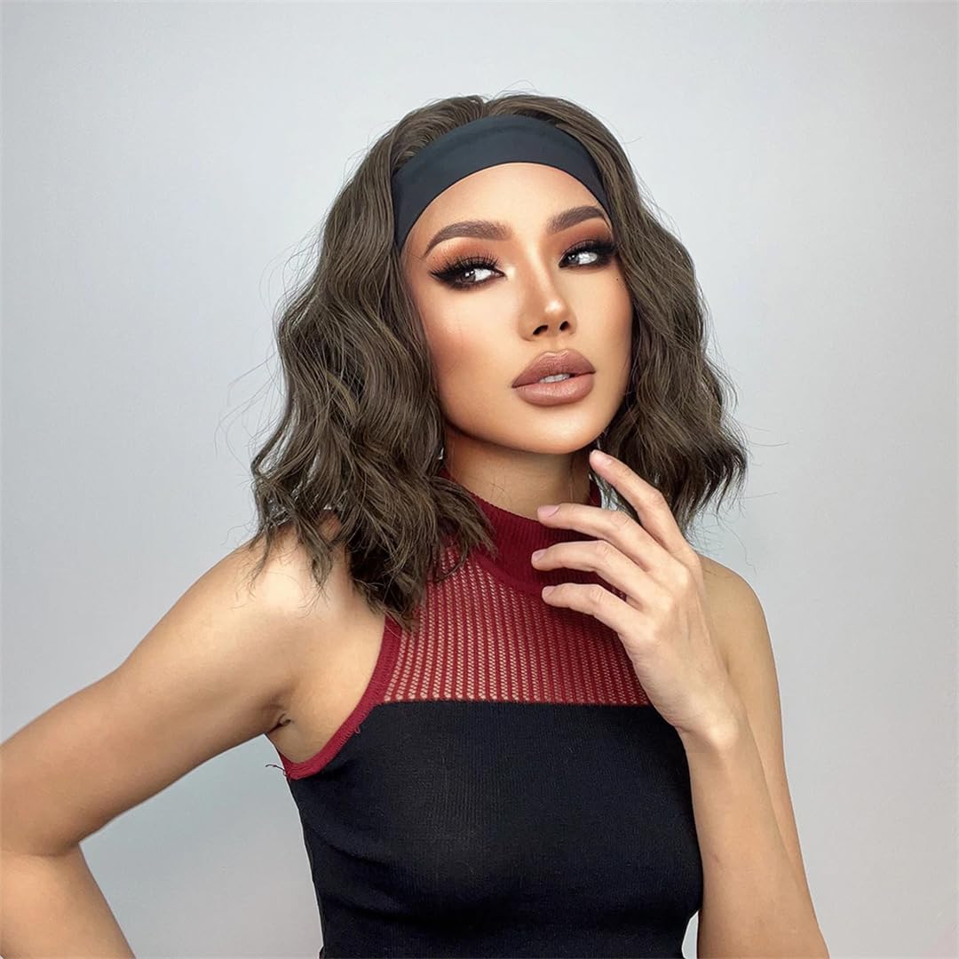 Hcclijo Short Headband Wig Women's Short Wavy Bob Synthetic Wig Natural Headband Wig