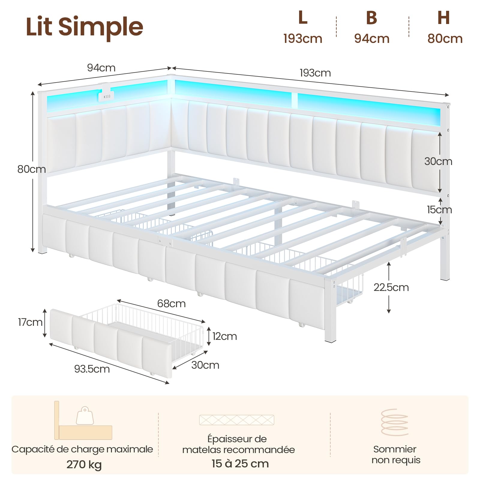 DICTAC Canapé lit 90x190 avec éclairage LED et Prise USB,Cadre de Lits 90x190 avec Sommier à Lattes en métal,Lit Banquette Lits Coffre avec 2 tiroir de Rangement pour Studio/Chambre,Beige-sans Matela
