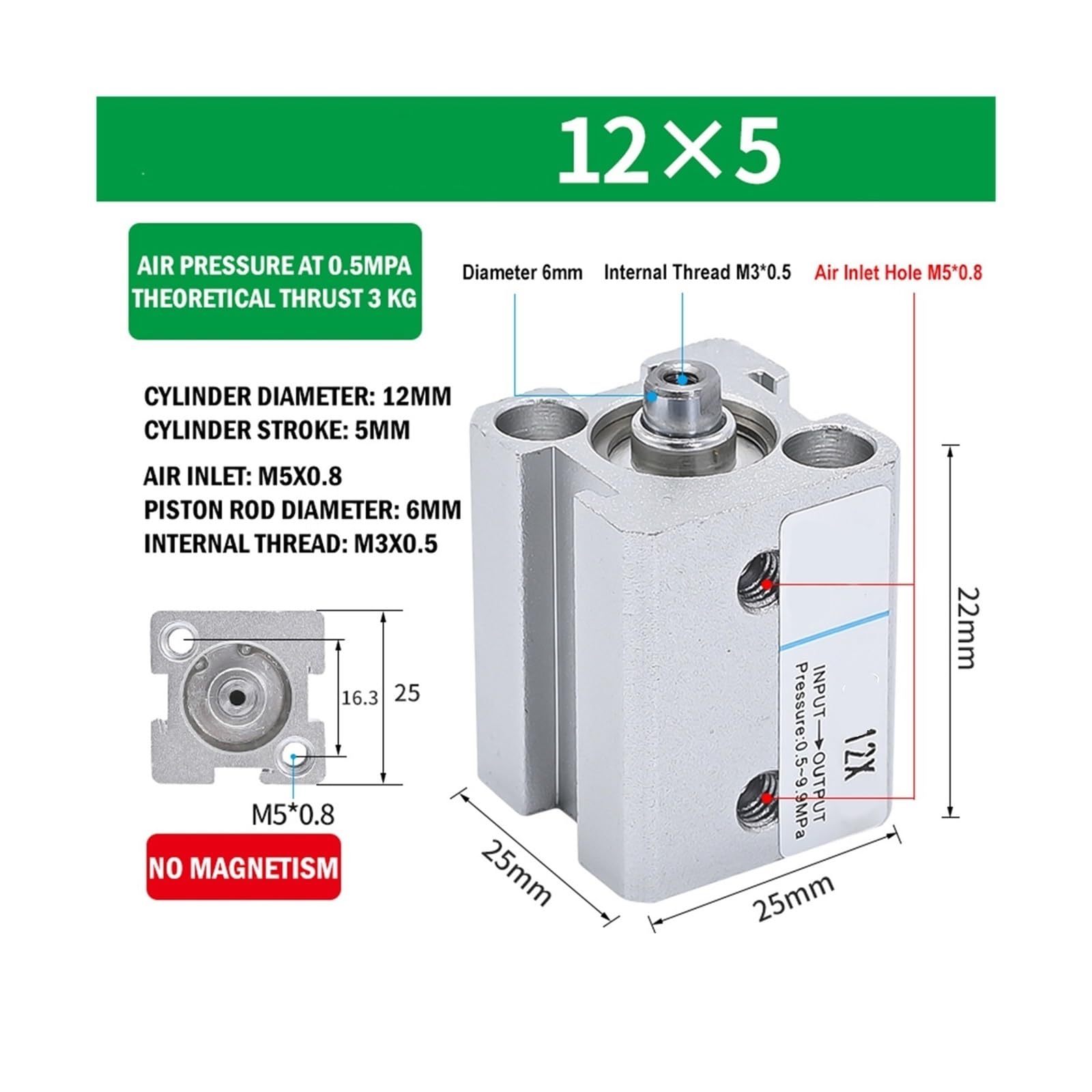 Vérin Pneumatique en Aluminium Fin Cylindre à Air fin sans magnétisme, 16 20 25 32 40 50 63-100mm, alésage x 5-100mm, pneumatique, course compacte, Double Action, aluminium(Stroke 5mm,BORE 16mm)
