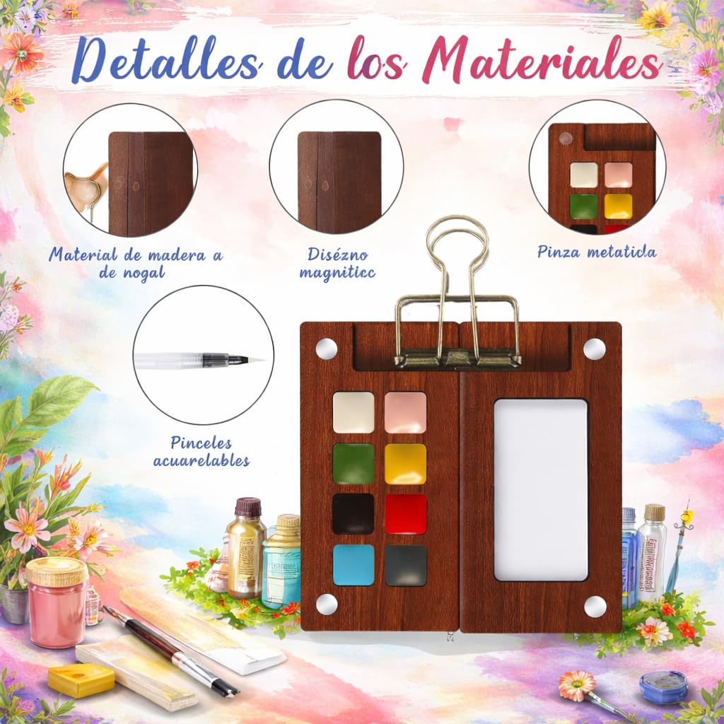 Mini Set de Acuarelas con Cuaderno y Pintura, Paquete Completo Acuarela 12 Colores Paleta Madera mini juego viaje papel acuarela, bolígrafos, clip, 8 cuadrículas para pintores, (Azul)