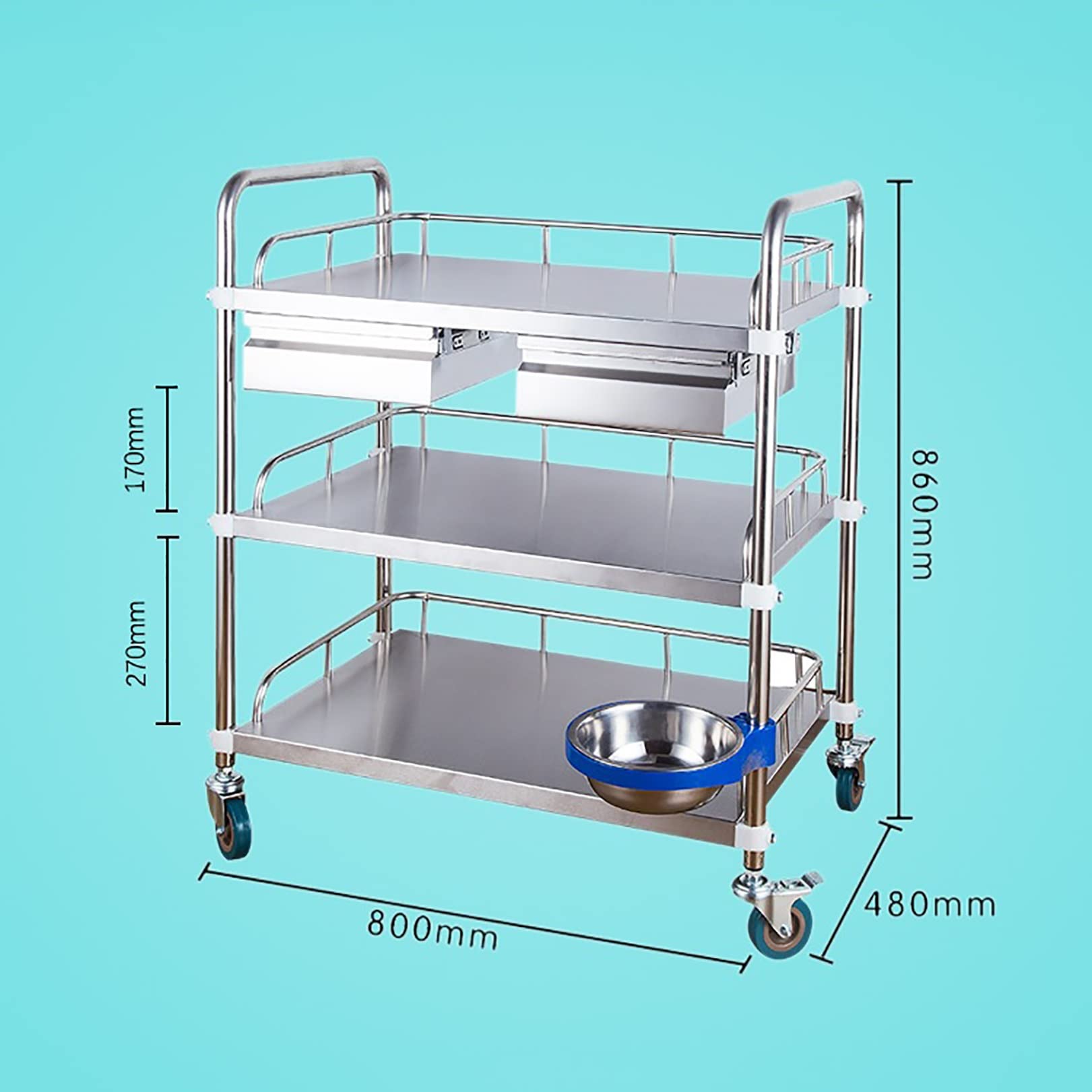 Chariot en Acier Inoxydable, Chariot De Chirurgie Médicale Dentaire, Chariot De Matériel De Beauté, Chariot De Soins Infirmiers Et De Pansement,Equipement Médical Chariot avec 2 Tiroirs