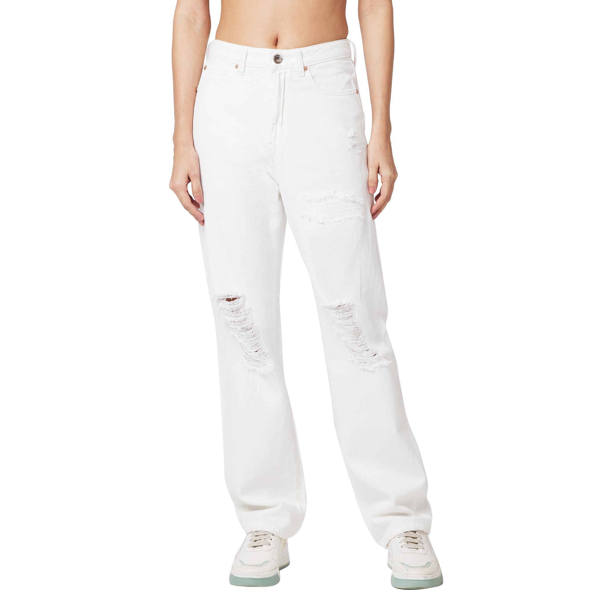 High Rise Straight Fit White Jeans for Women-image-1