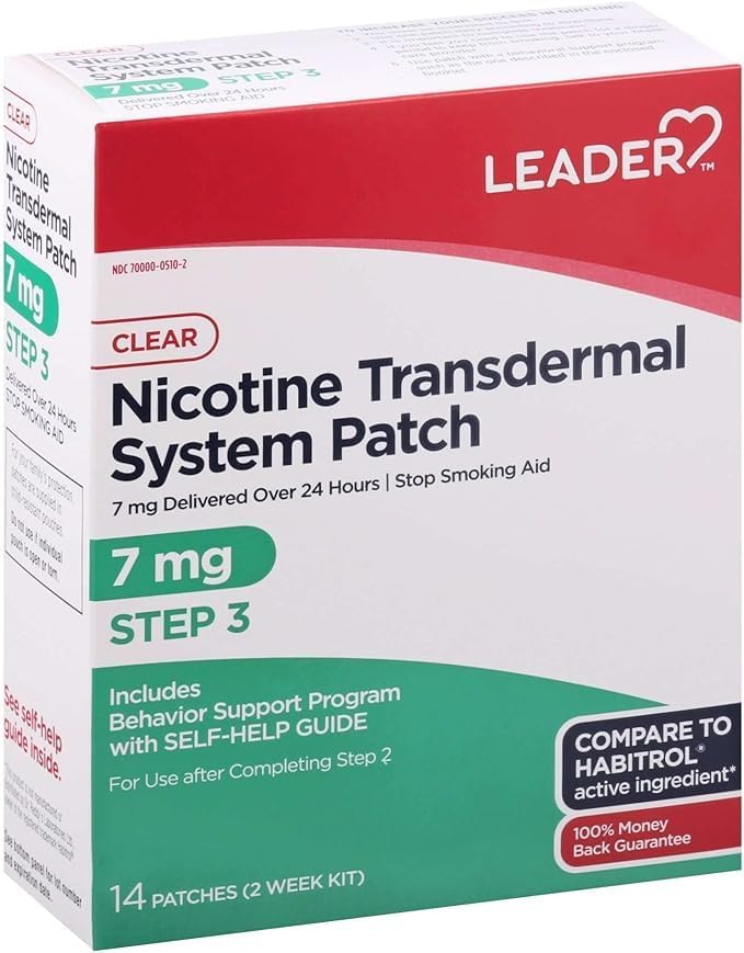 Leader Nicotine Patch Stop Smoking Aid, Step 3 7 mg, Nicotine Transdermal System, 14 Count, 11-Pack