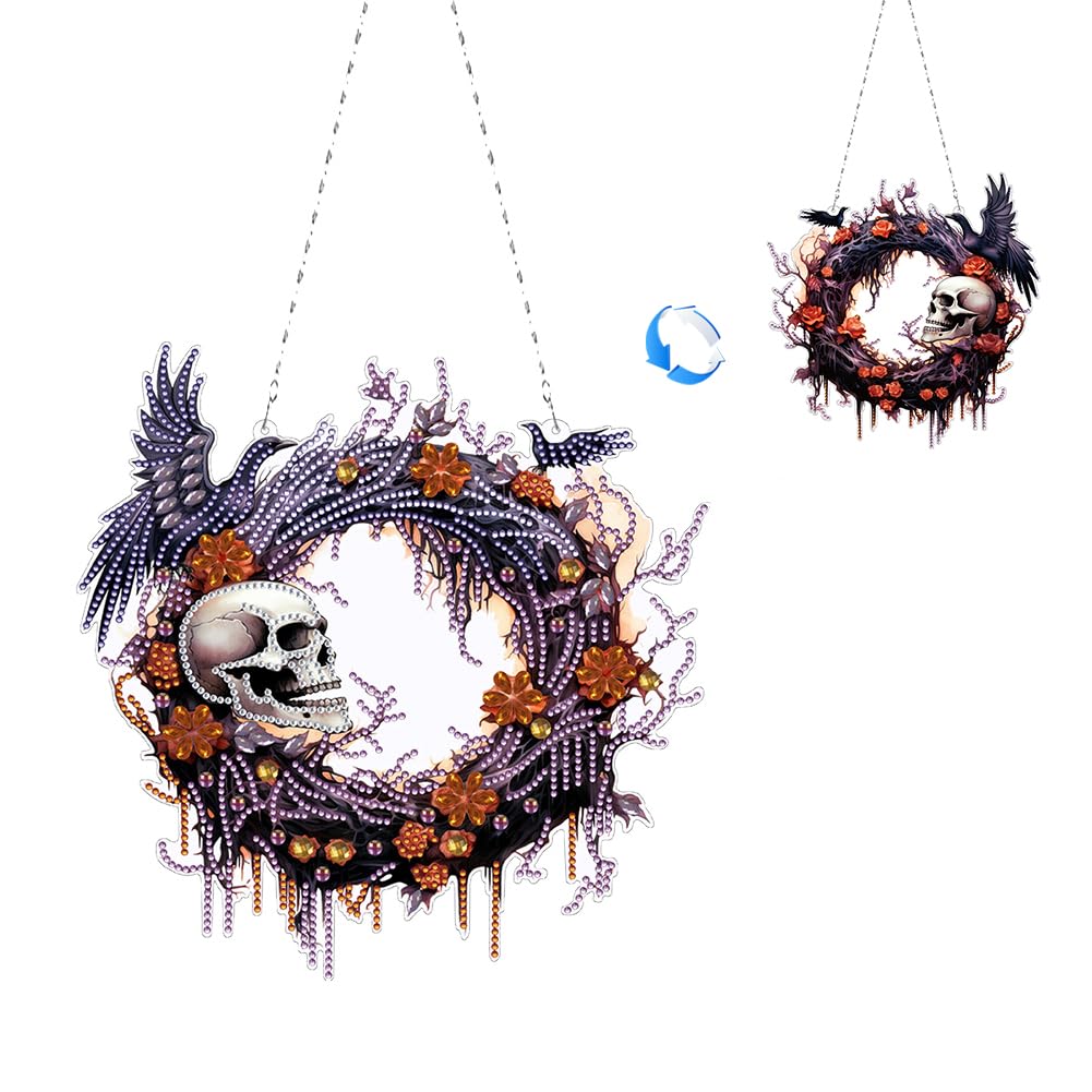 Fiorky Halloween Diamond Art Painting, Halloween Skeleton Rhinestone Diamond Art Pendants 5D DIY Diamond Painting Wreath Pendant Diamond Painting Wreath Decor for Garden Window Decor