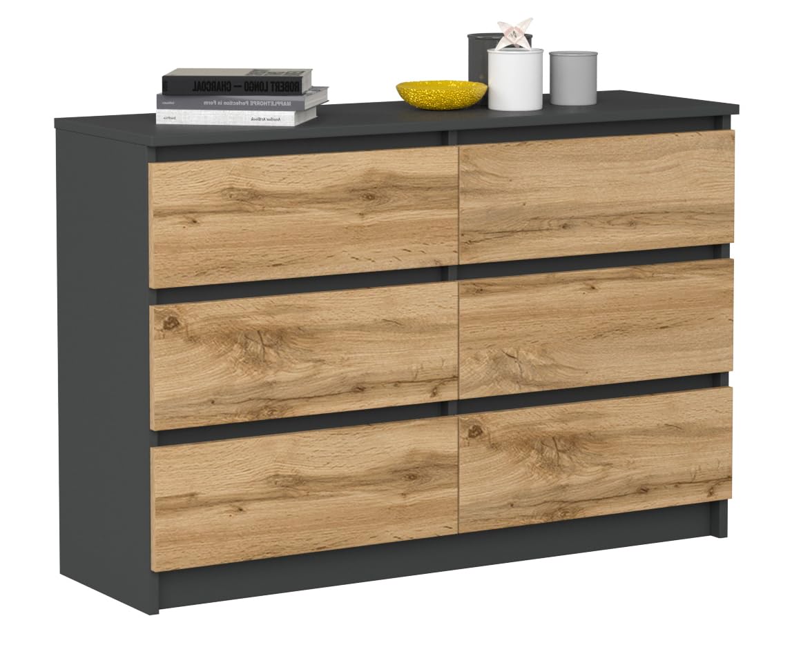 VBChome Kommode mit 6 Schubladen, Anthrazit-Artisan, 120 x 39 x 81 cm, Grifflose Holz-Schubladenkommode, Moderner Mehrzweckschrank für Flur, Schlafzimmer, Wohnzimmer & Kinderzimmer, Einfache Montage