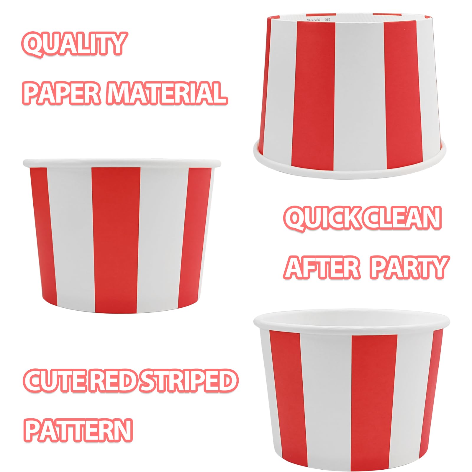 EaciTown 50 Pcs Red White Striped Ice Cream Cups Disposable Paper Snack Bowls 9oz Circus Carnival Paper Dessert Containers For Hot Or Cold Soup Yogurt Christmas Food Containers