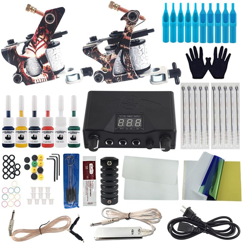 Tattoo Kit for Beginners Coil Tattoo Machine Kit Dual Liner Shader Set with Digital Power Supply 5RL 5M1 Cartridges Colors Practice Skin for Lining Shading Starter Artists