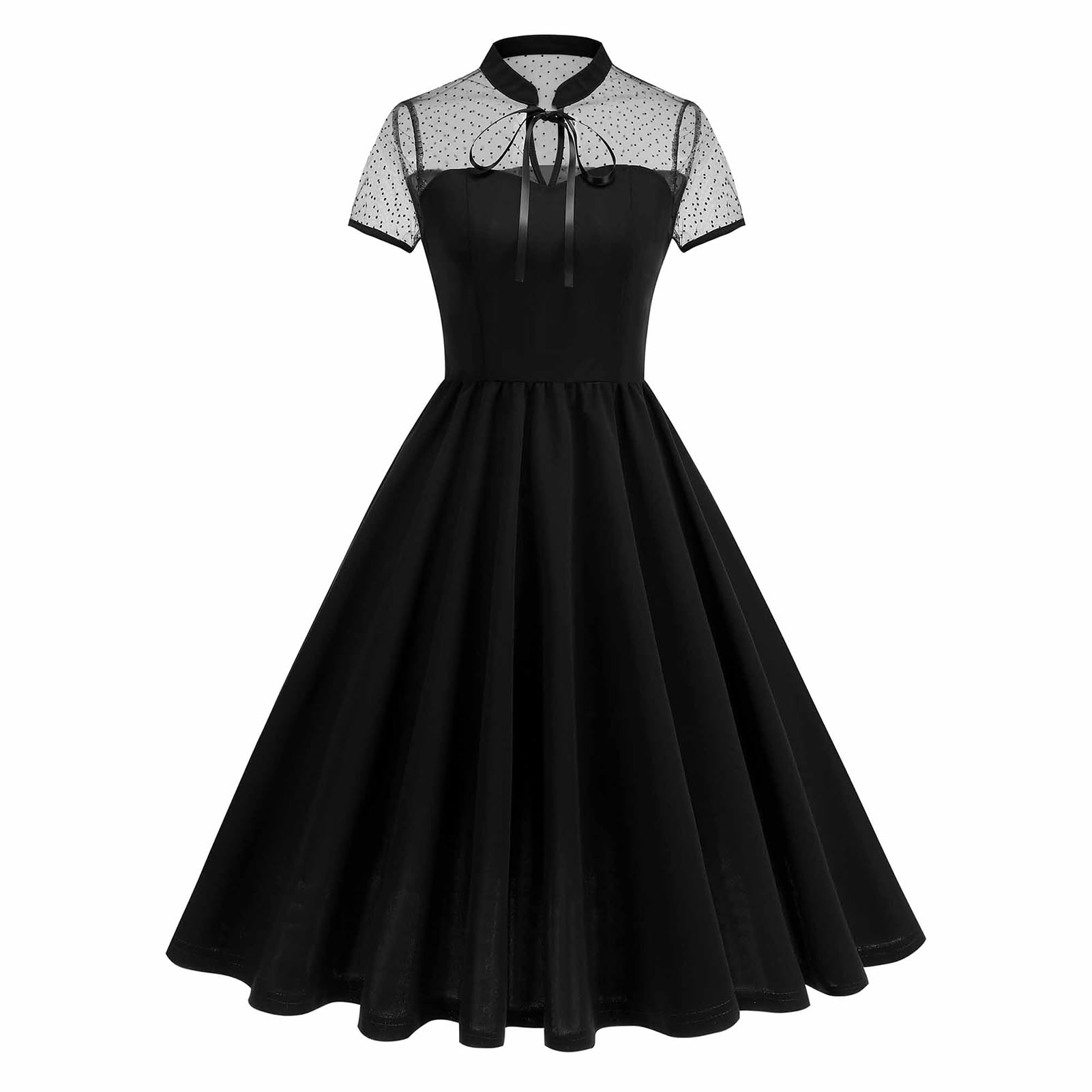 OMEWEE Cocktailkleid Damen Elegant Knielang Rockabilly Kleider Stehkragen Sheer Mesh Kurzarm festlichs Kleid A-Line Swing Vintage Abendkleider Hochzeitsgast Partykleid